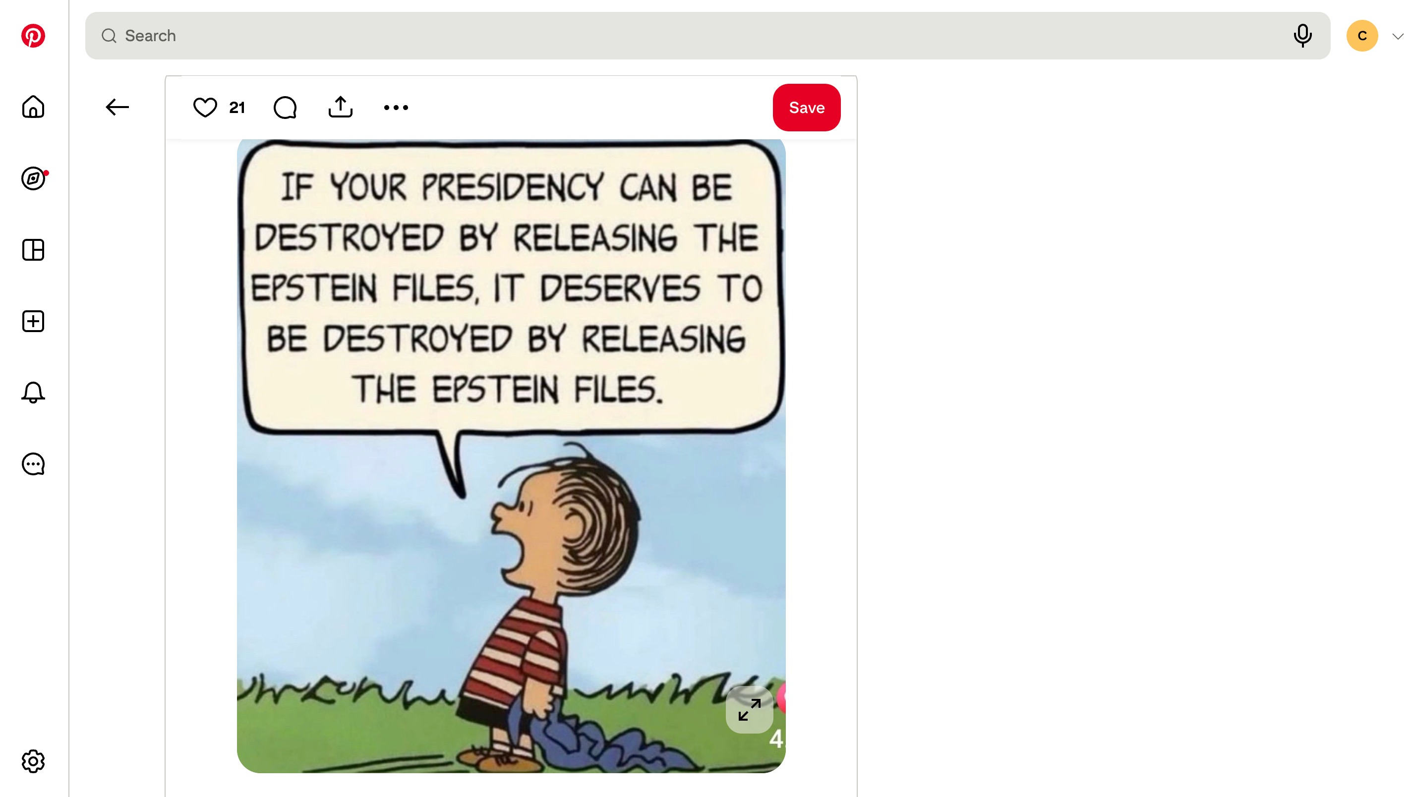 Peanuts comic panel: Linus shouts, 'If your presidency can be destroyed by releasing the Epstein files, it deserves to be destroyed by releasing the Epstein files.'